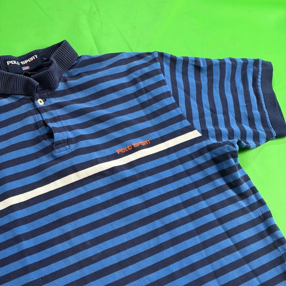 VTG 90s Polo Sport Shirt Mens L Thin Blue Line Striped 100% Cotton USA Flag Logo